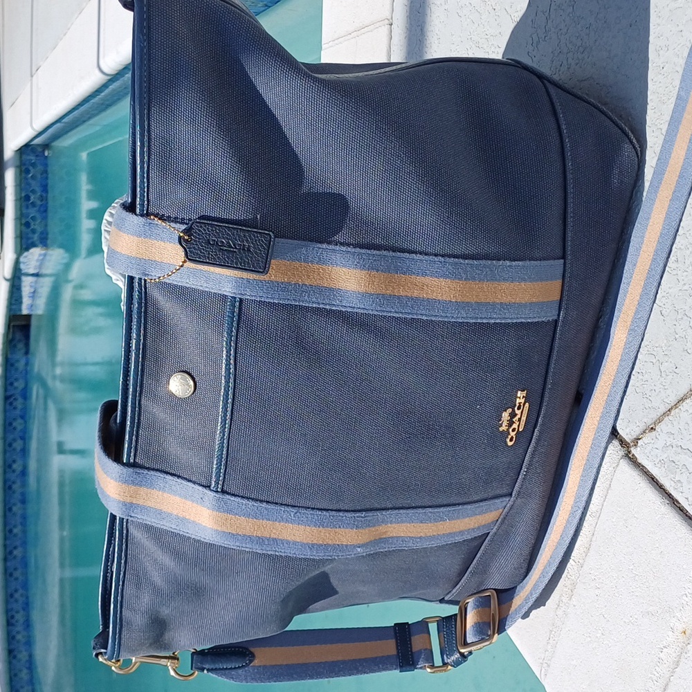 Coach Navy and Tan Canvas Tote Bag with Striped Strap